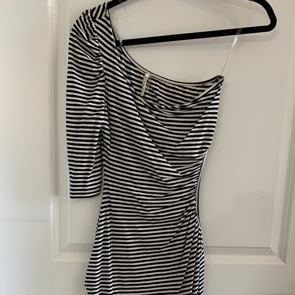 Black and White Striped, One Shoulder Dress